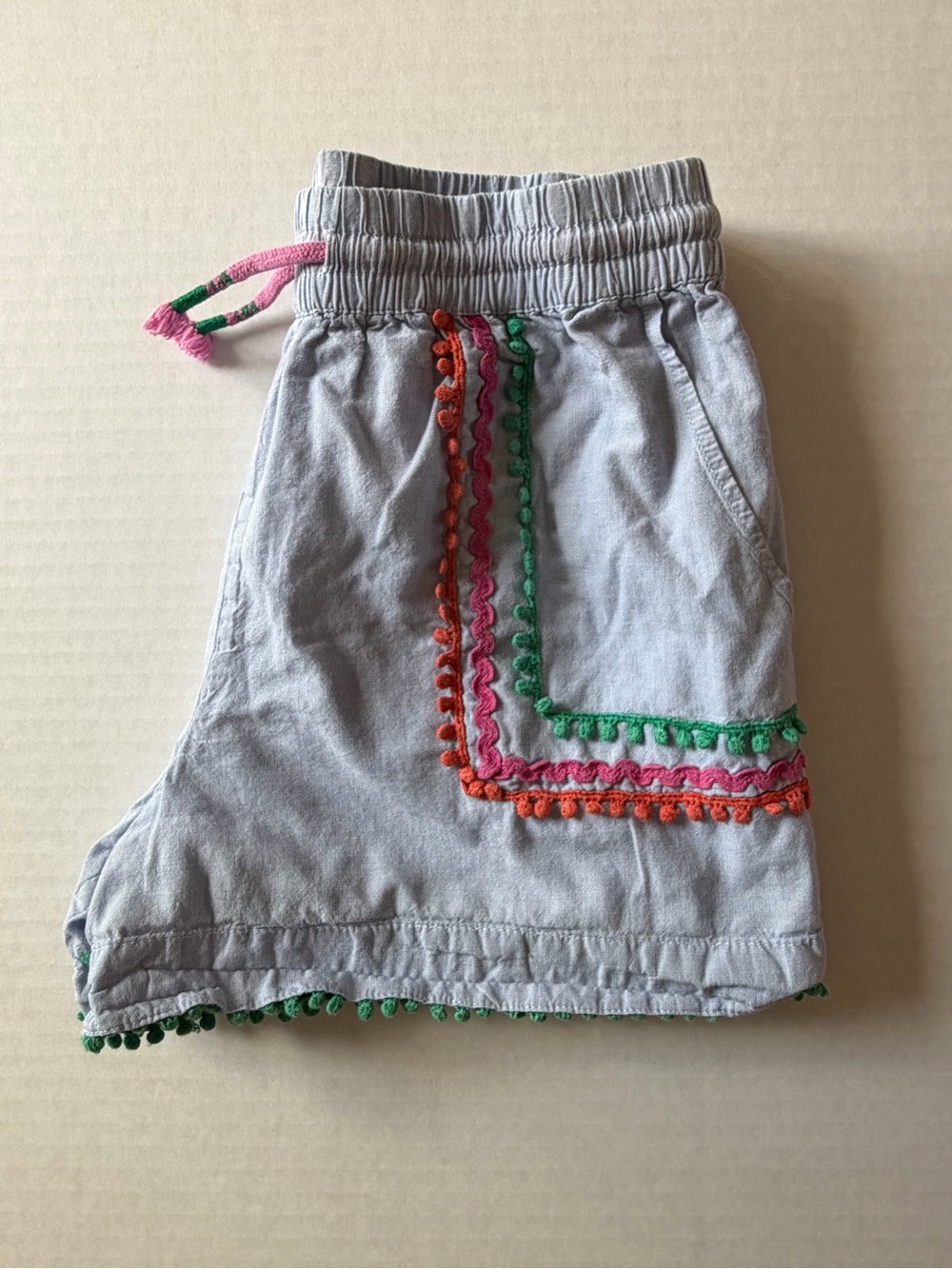 Boden Girls 12Y Blue Cotton Shorts Colorful Pom Pom Trim Fully Lined